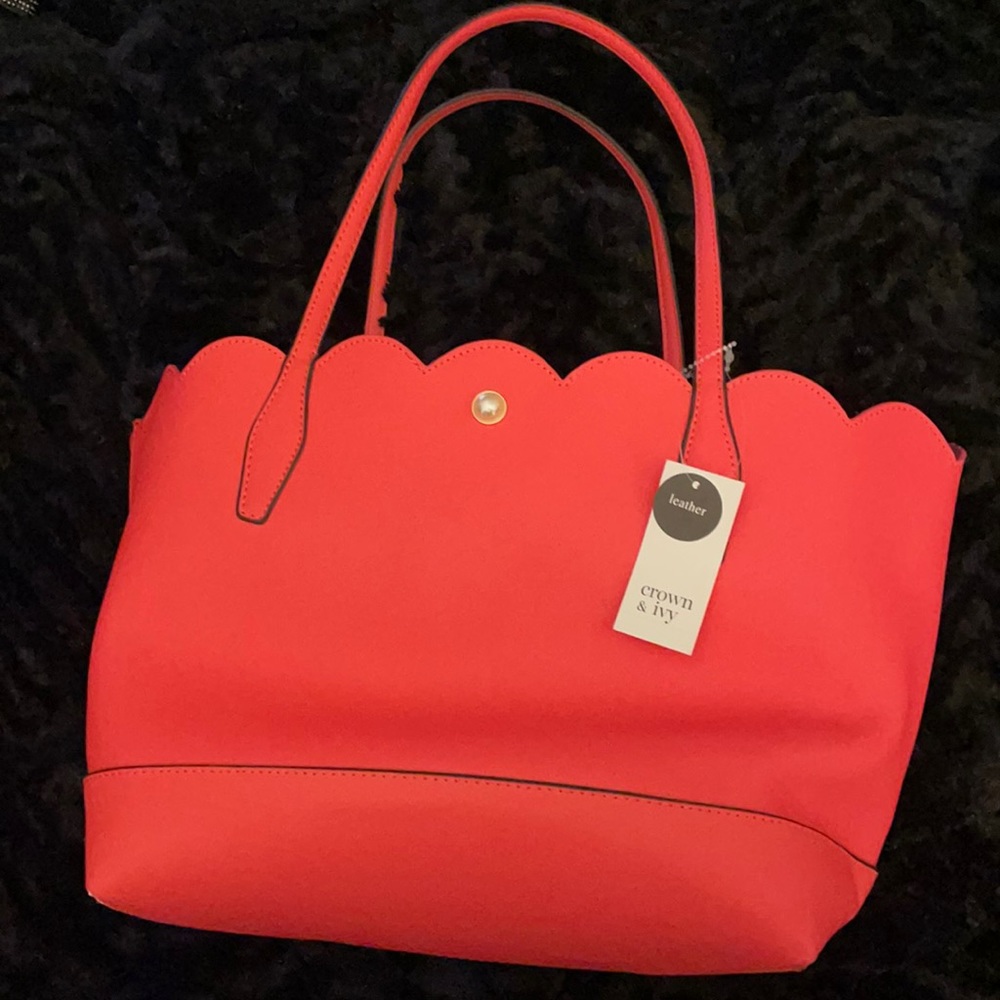 NEW - Crown & Ivy Scalloped Coral Leather Tote with Pearl Accent